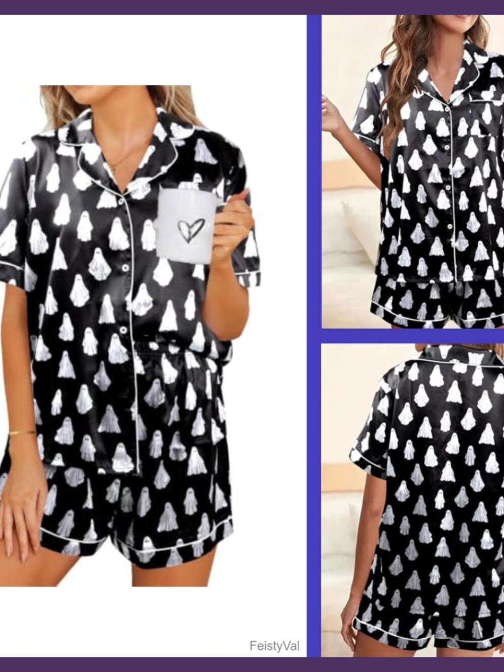 Halloween Pajamas 2 Piece Womens Ghost Button Down Short Sleepwear Set